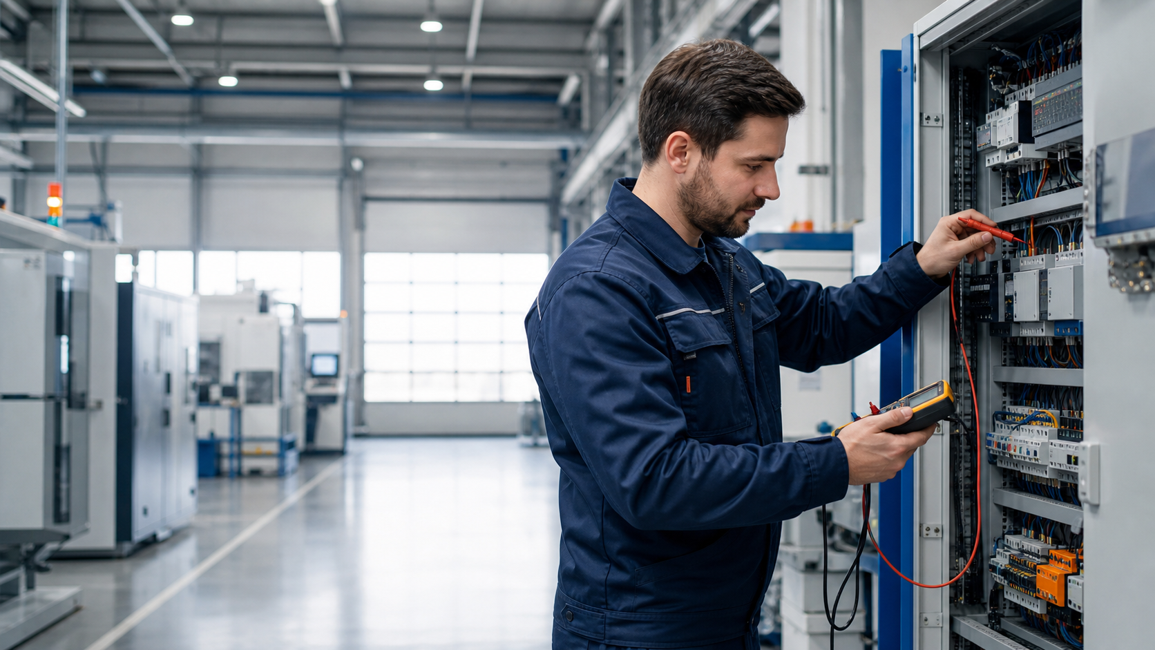 Elektrotechniker bei der Prüfung eines industriellen Schaltschranks